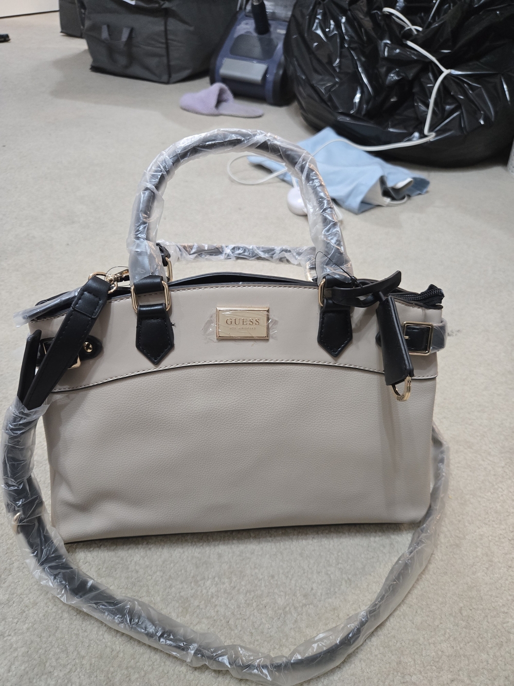 GUESS Cream Satchel with Black Trim and Gold Hardware